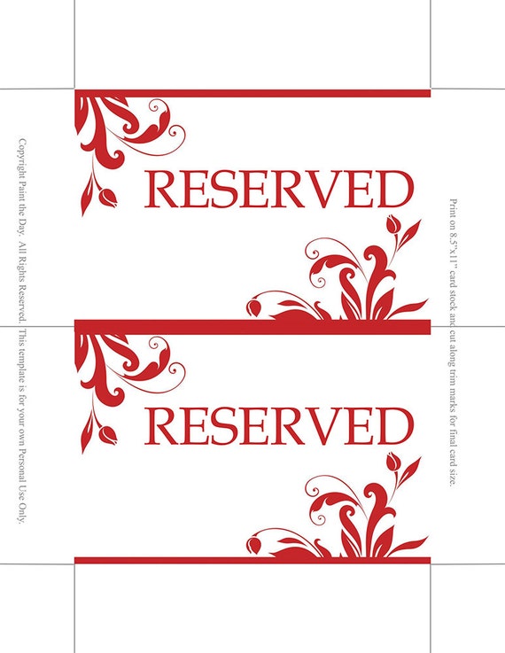 Printable Wedding Reserved Card Template by PaintTheDayDesigns