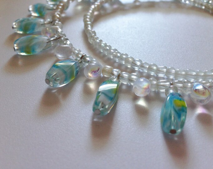 light blue and yellow bead with teardrops memory wire necklace