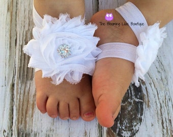 White Baby Barefoot Sandals with Rhinestone - Newborn Sandals - Baby Shoes - Photography Prop - Baptism Barefoot Sandals - Preemie Sandals