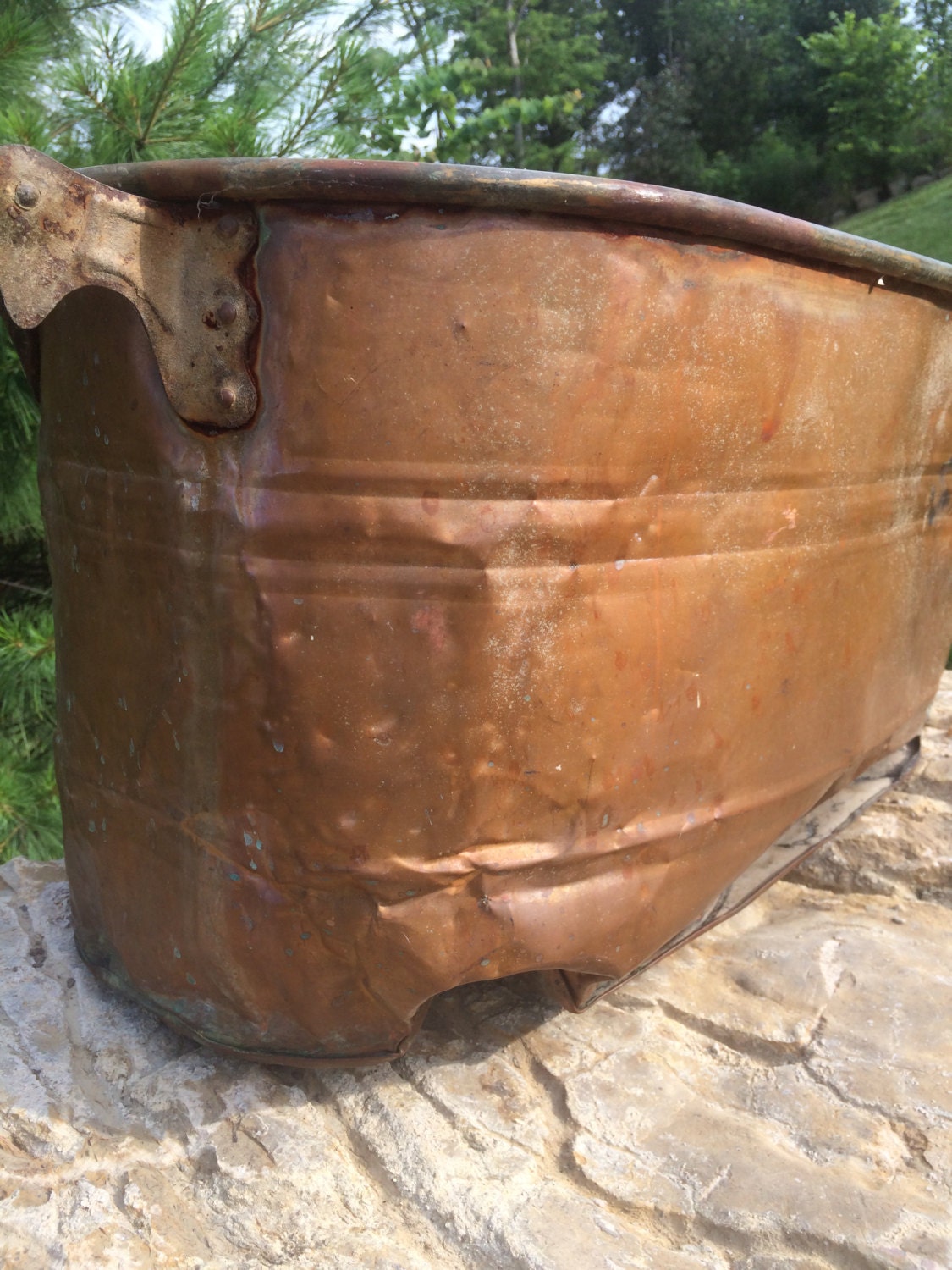Antique Copper Boiler Primitive Wash Tub Handwrought Cauldron
