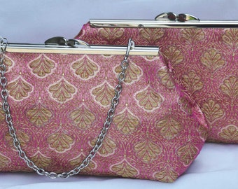 wedding clutch, evening clutch,gold and pink brocade clutch Set of 2