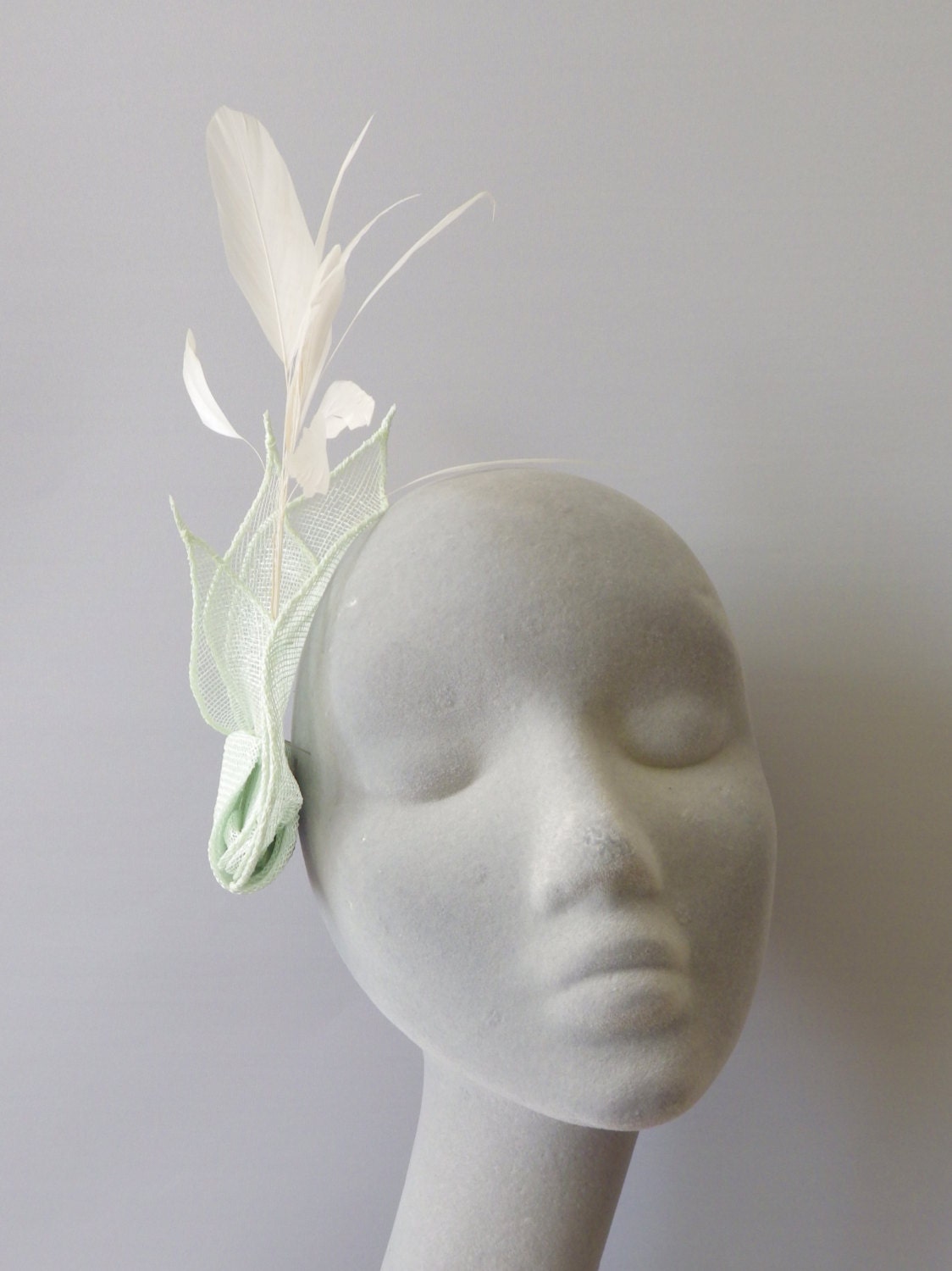 Pale Green And Ivory Fascinator Cocktail Hat. Sinamay And