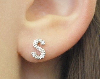 Alphabet Letter Silver Studs - Personalized Initial Earrings with Cubic Zirconia