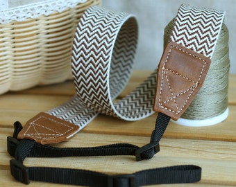 Camera Strap, Neck strap, Handmade, Fabric Woven Brown Color Herringbone pattern