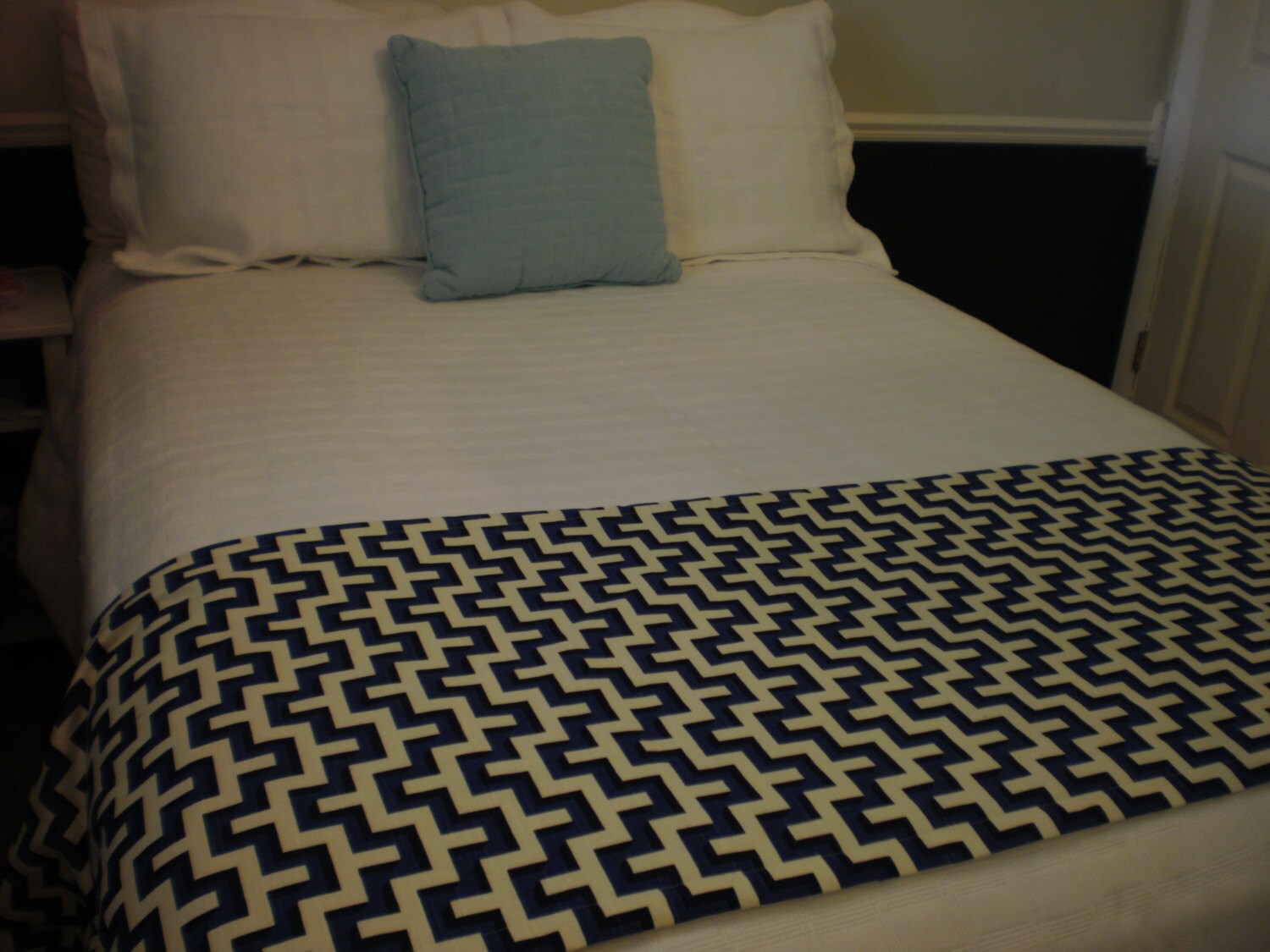 Royal Blue/Black/Cream Linen Quilted Hotel Style Bed Scarf