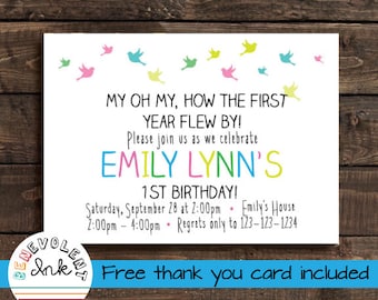 First Birthday Girl Invitation - Printable Bird Theme 1st Birthday Party Invite - Simple Birthday Invitation with FREE Thank You Card