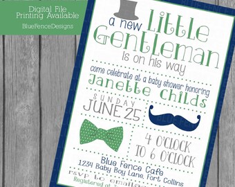Little Gentleman baby boy shower invitations, top hat, bow tie, mustache, gray, navy, green, little man, template, printable, digital, card