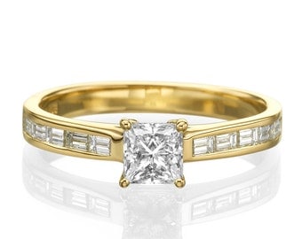 0.7 CT Diamond Engagement Ring, Art Deco Princess Cut Ring, Diamond Baguette Ring, 14K Yellow Gold Diamond Ring