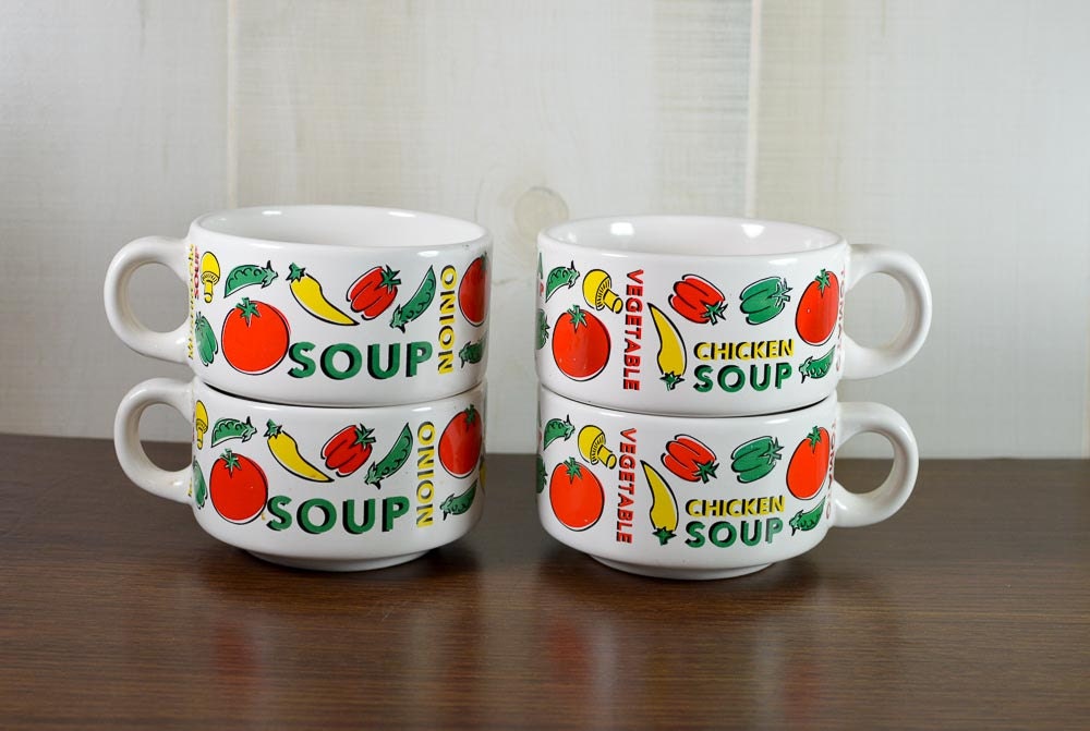 Retro Soup Cups with Handles, Set of Four Stacklable Mugs Haute Juice