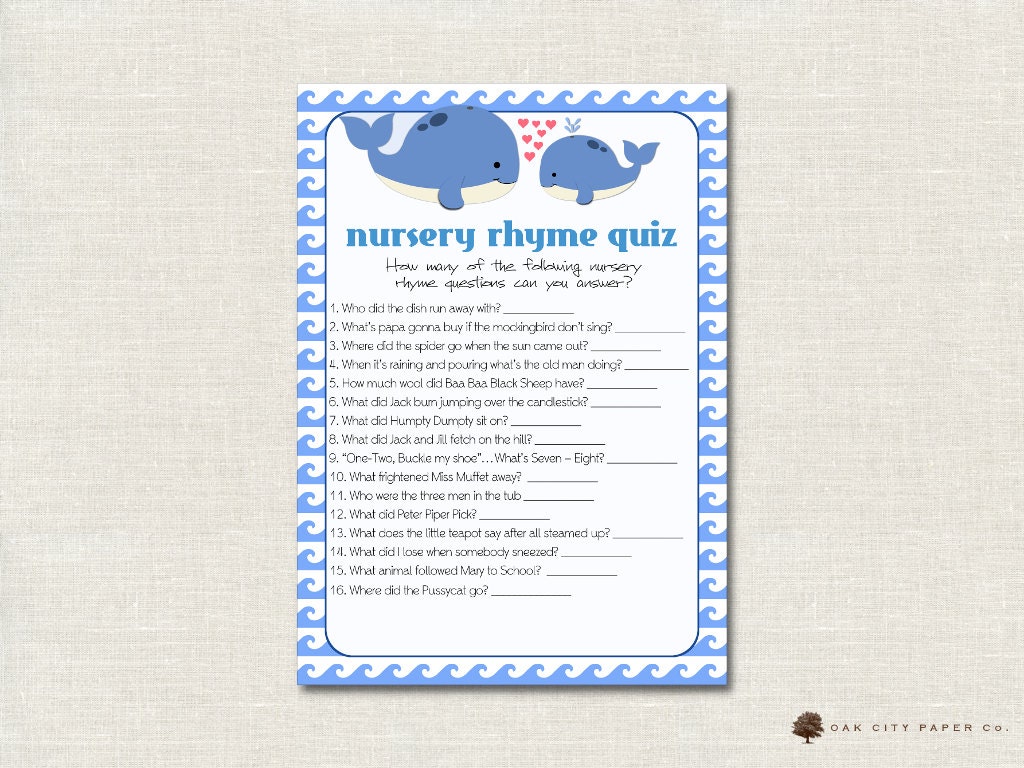 game baby questions shower Nursery OakCityPaperCompany Rhyme Quiz Shower Baby Game Whale by