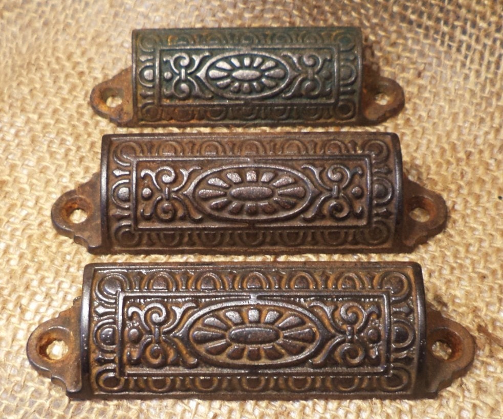 3 Bin Pulls, Vintage Drawer Pull, Brass, Furniture Parts Salvage