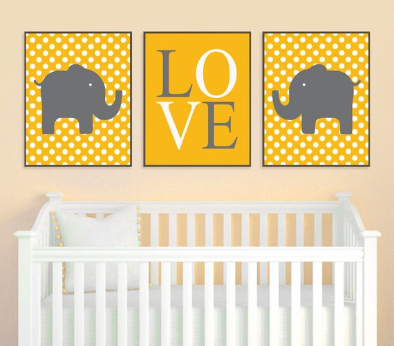 Yellow Gray Nursery Elephant Nursery Elephant Wall Art Baby