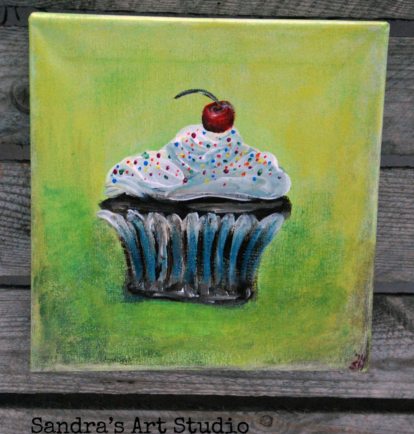 Cute little painting with a cupcake and a cherry on top, acrylic paint