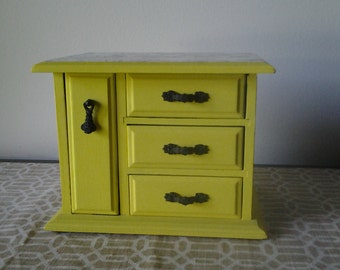 Vintage Hand Painted Jewelry Box in Sunny Yellow with Black Toile decoupager