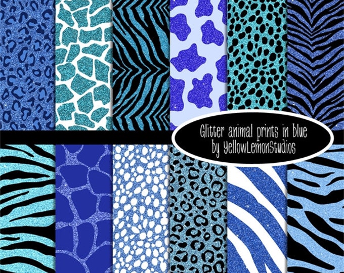 Animal prints "GLITTER BLUE" glitter animal prints, blue, blue green, turquoise, zebra, giraffe, tiger, dalmatian, leopard,cow print, shiny