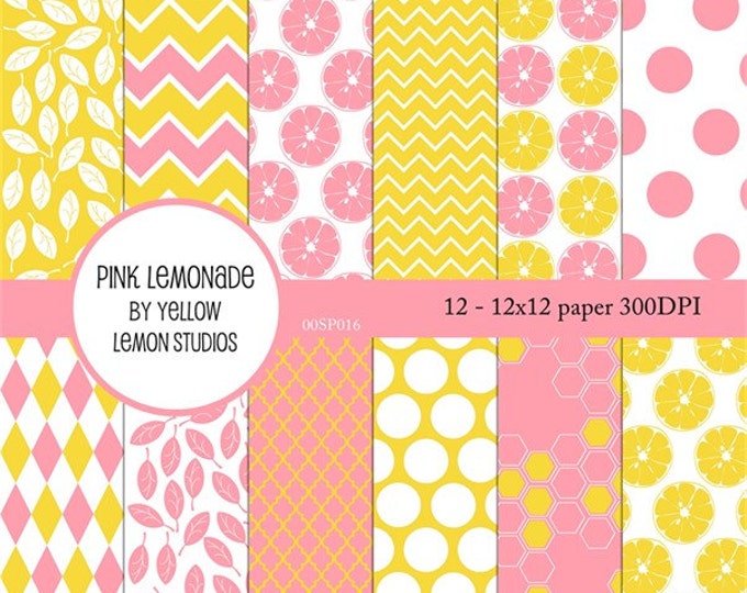 Pink and Yellow "PINK LEMONADE" pink, yellow, lemon slices, summer, lemonade stand, chevron, leaf, polka dot, honey comb, digital scrapbook
