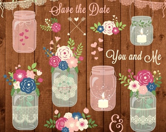 Mason Jar Clipart " WEDDING MASON JARS " Rustic Mason Jars Clipart. Wedding invitation. Mason Jars Lace. Jars Png Images.Commercial Use