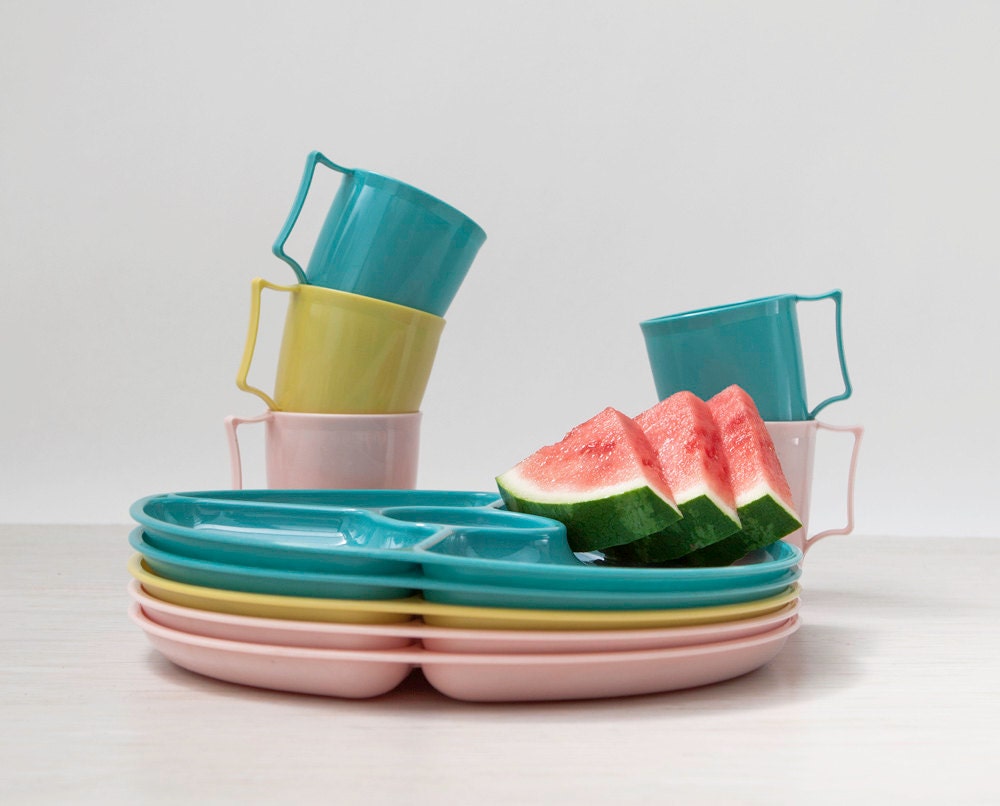 Vintage Plastic Picnic Ware Plates Cups Retro Picnicware