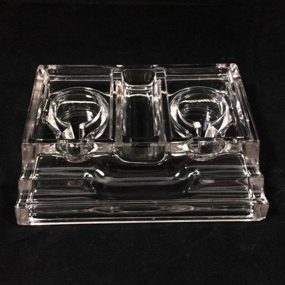 Vintage Vaseline Glass Double Inkwell with Pen Holder