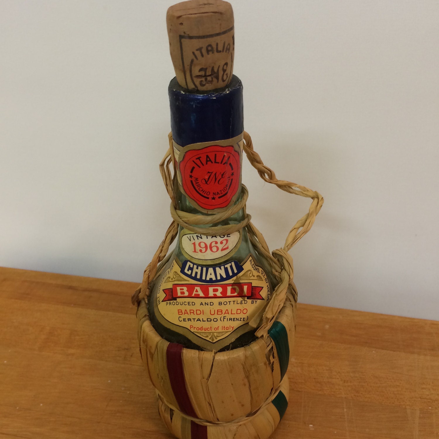 Italian 1962 Basket Wine bottle .5 pint Cork Chianti by OldnStuff
