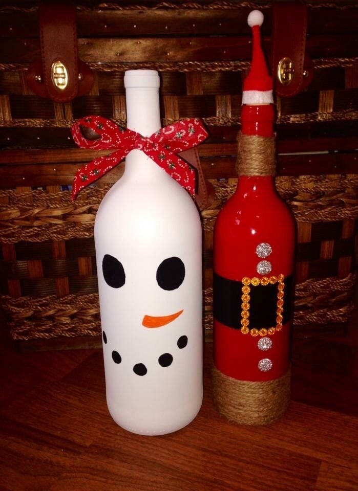 Upcycled wine bottle santa wine bottle snowman wine bottle