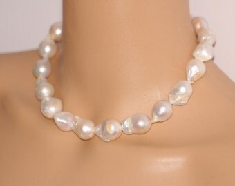 Large baroque pearl necklace,white jumbo flameball pearl necklace,big fireball nucleated pearl necklace,genuine fresh water pearl necklace