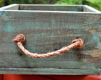 Handmade Rustic Solid Wood Box with Rustic Teal Finish and Rope Handles.