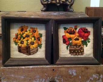 Pair of Vintage Framed Crewel Flower Wall Hangings Daises Pansies