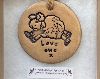 Love ewe sheep handmade ceramic decorative disc