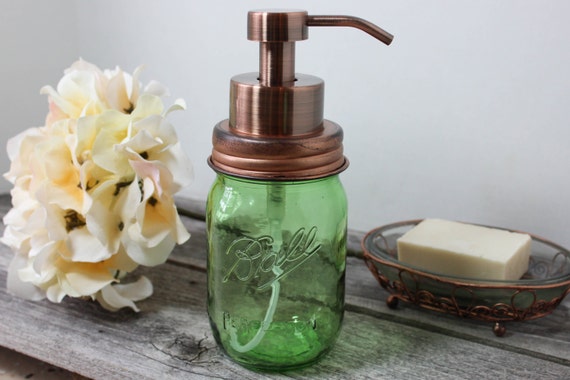 Foaming Mason Jar Soap Dispenser with Large Antique Copper Pump, Canning Jar Foam, Green Heritage Pint Jar, Leak and Rust Resistant