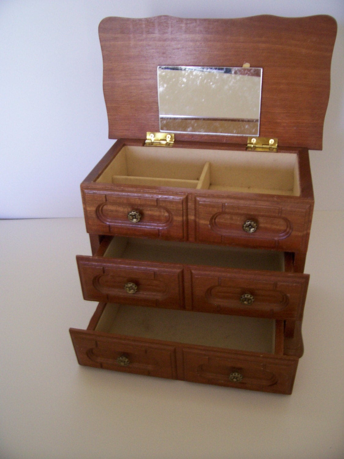Vintage Jewelry STORAGE Wood Box open top + 2 drawers with mirror on