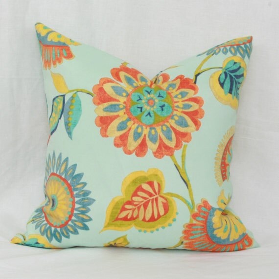 Orange yellow aqua floral outdoor throw pillow cover 18x18