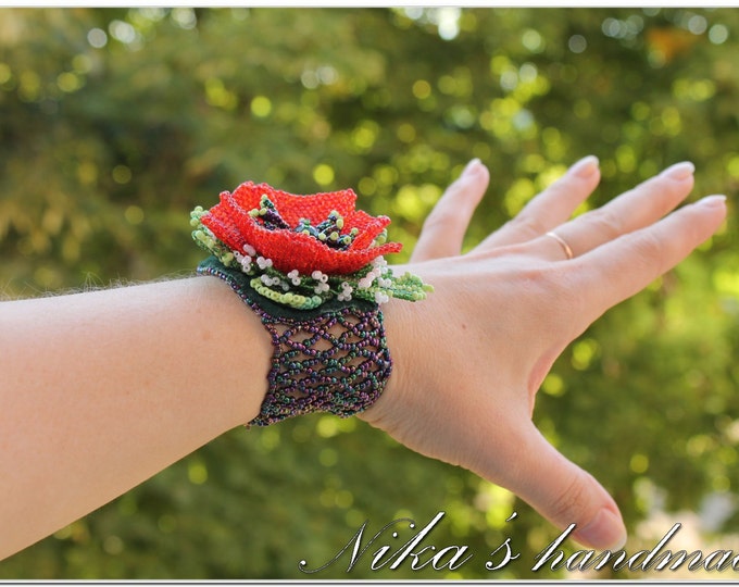 Beaded bracelet with Red Poppy, Red Flower, Ukrainian symbolics, Red Ring