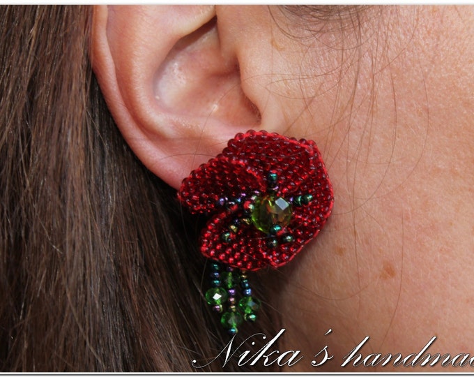 Beaded Ring+Earrings with Poppies SET DISCOUNT - Red Ukrainian poppies - ethnic jewelry gift idea - wildflower jewelry - artificial flowers