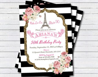 French 50th birthday invitation. Eiffel Tower adult birthday. Black and white stripes pink and gold glitter digital invite AB099