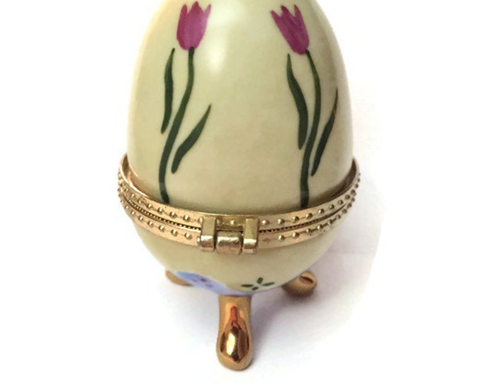 Faberge Style Egg Casket Box - Tinket Box - Ring Holder Yellow and Gold Three Footed Porcelain Egg with Flowers