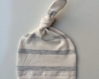Bamboo Newborn hat, hospital hat, infant hat, baby hat, gender neutral, unisex, knot hat, off white heather gray stripe READY TO SHIP!!