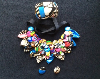 Ankara Button Bib & Button Earrings Statement neckpiece Tribal Necklace - Statement Necklace - button Necklace - African Jewelry - African