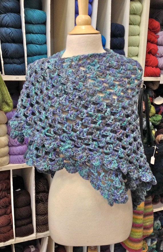 Half Granny Square Crocheted Shawl Handmade Cotton Blue