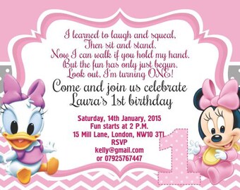 10 x Personalised Invitations or Thank you Cards Baby Minnie Mickey Mouse