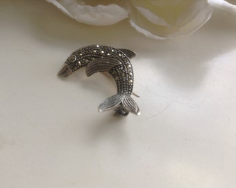 Sterling Silver Marcasite Dolphin Brooch/Pin Vintage Ocean Nautical Beach Wedding 925 Animal Figural Jewelry Gift