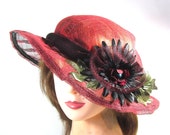 Womens Red Summer Brim Hat with Reassembled Flower