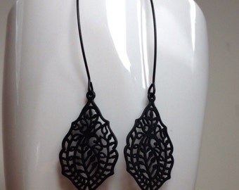Long Jet black leaf filigree earrings