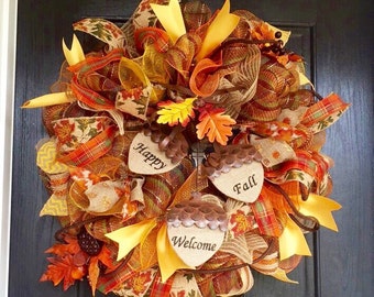 Fall deco mesh wreath fall mesh wreath with acorns Happy Fall Welcome wreath, front door wreath