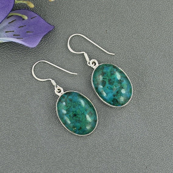 Natural Chrysocolla Gemstone Earrings Solid 925 by Silvergem2014