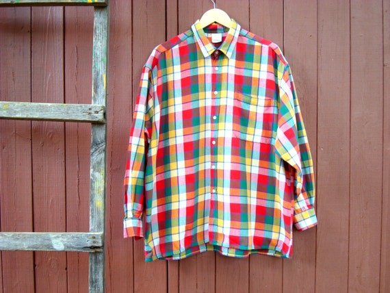 Mens vintage flannel Shirt Rainbow plaid shirt size XL