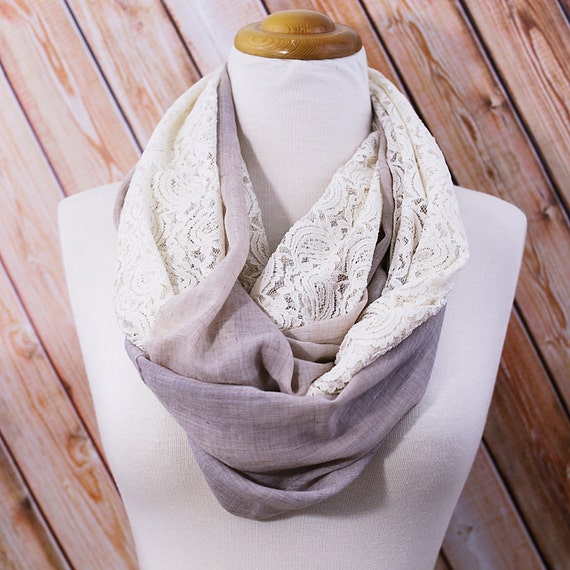 Beige Color and Ivory Lace Soft Scarf