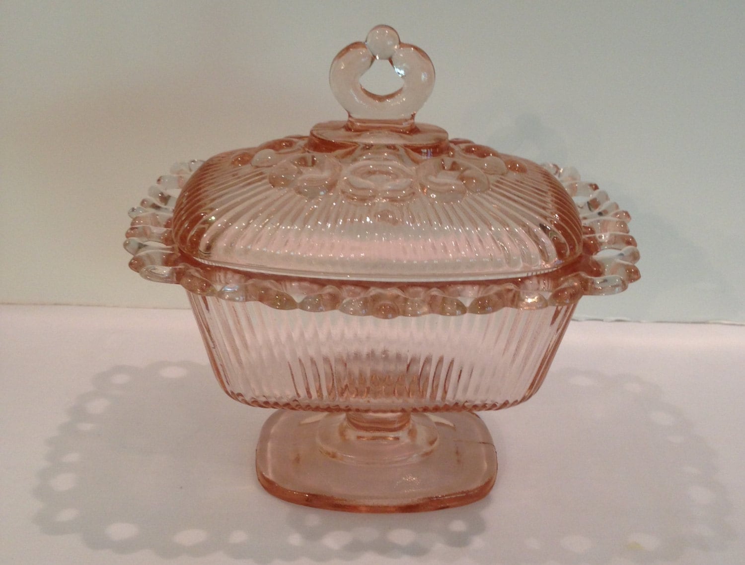 Indiana Pink Depression Candy Dish Rectangular Footed Lace