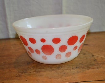 Sale Item. FEDERAL Glass Bowl. RED DOTS on White Glass. Mid Century Classic. 1950's item.