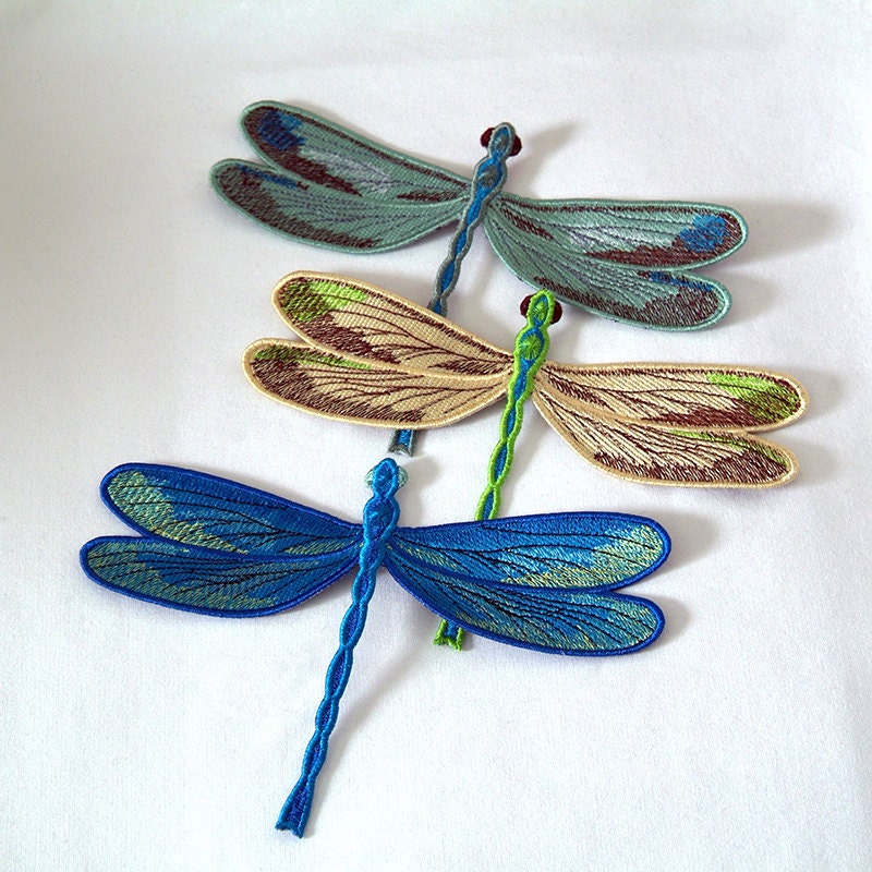 Dragonfly Embroidered patch Blue Yellow Green or Set. The